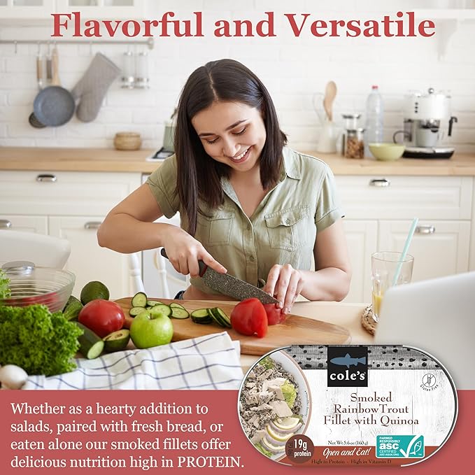 COLE?™S - Smoked Rainbow Trout Fillet with Quinoa | Open & Ready to Eat Meal | 5.6 oz Canned &