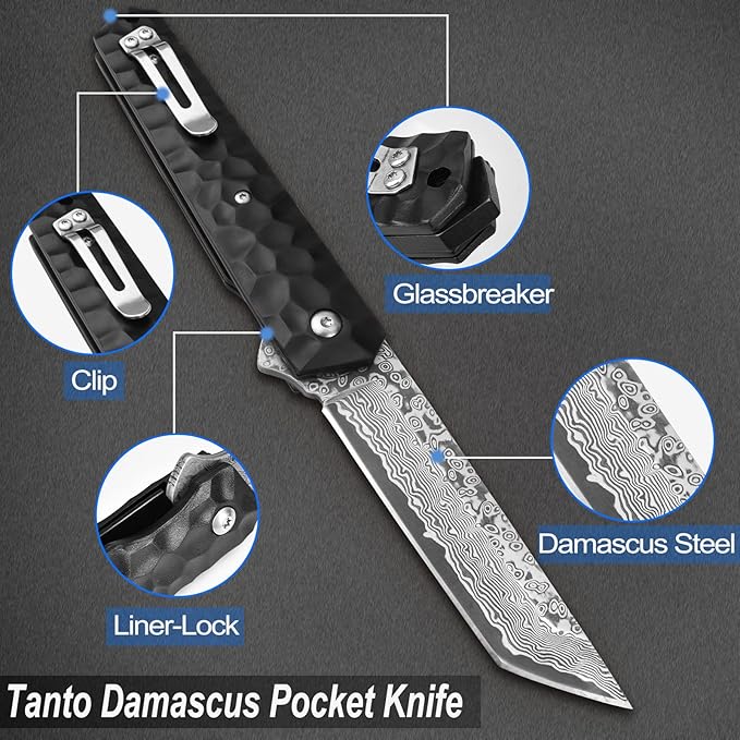 AUBEY Damascus Pocket Knife, Tanto VG10 Core Damascus Steel Folding Knives with Ball Bearing