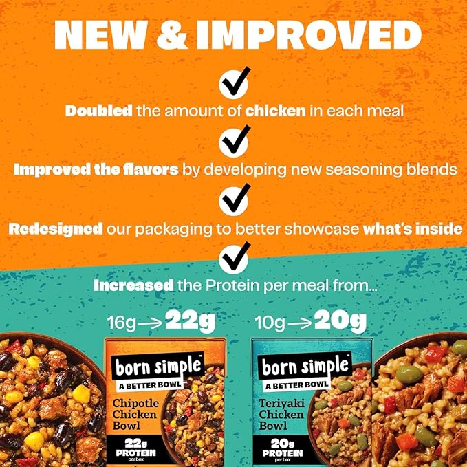 Born Simple Ready to Eat Meals, Variety Pack |Includes 4 Teriyaki Chicken & 4 Chipotle Chicken