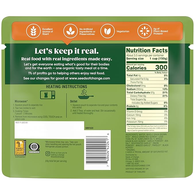 SEEDS OF CHANGE Organic Quinoa & Brown Rice with Garlic Family Size, Organic Food, 17.3 oz Pouch