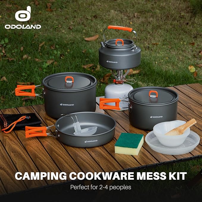 Odoland 15pcs Camping Cookware Non-Stick Lightweight Camping Pots and Pans Set with Kettle Plastic