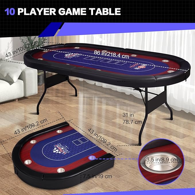 86" Foldable Poker Table, 10-Player Large Folding Texas Holdem Blackjack Table with Cup Holders