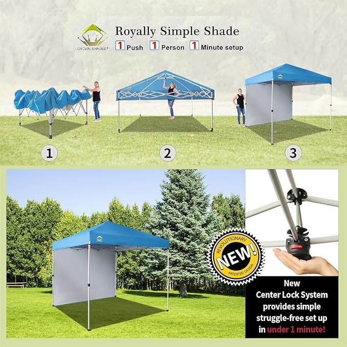 CROWN SHADES 8x8 Pop Up Canopy with 1 Side Wall - Beach Tent with One Push Setup - Outdoor Sun