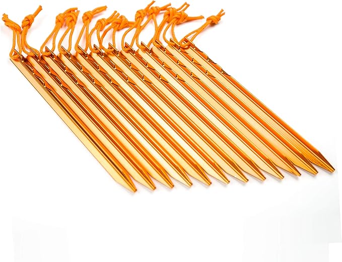 Aluminum Alloy Tent Stakes Pegs, 12-Pack Aluminum Ground Pegs with Reflective Pull Ropes
