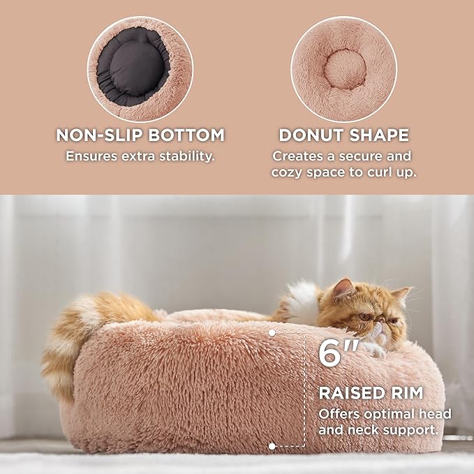 Bedsure Calming Cat Beds for Indoor Cats - Small Cat Bed Washable 20 inches, Anti-Slip Round Fluffy