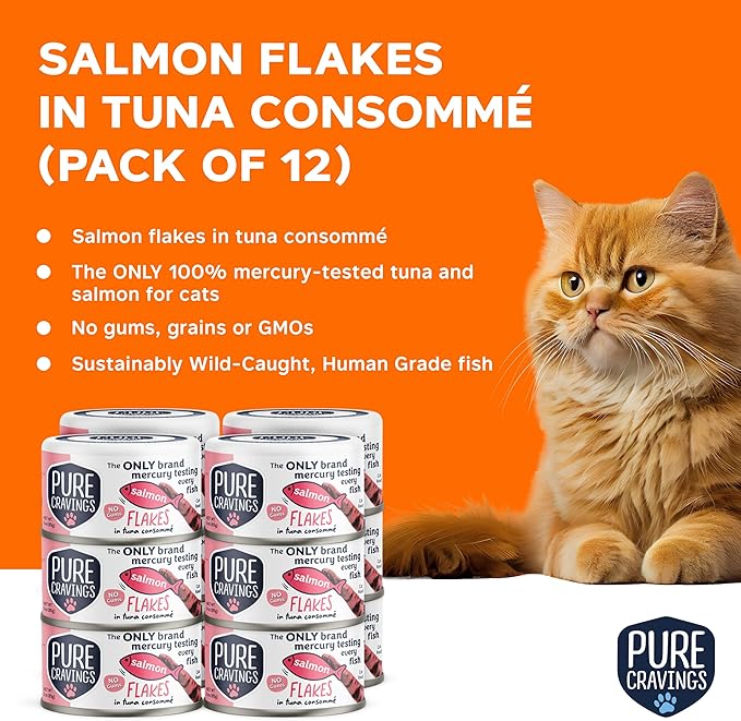 Pure Cravings Salmon Flakes in Tuna Consommé, Canned Wet Cat Food Soup, 100% Mercury-Tested, Moist