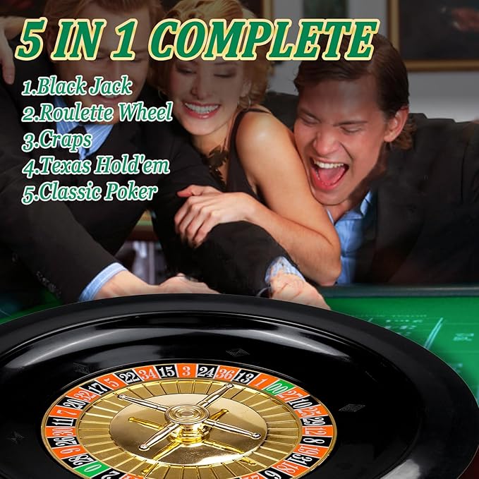 5 in 1 Super Casino Game Set: Blackjack/Roulette/Craps/Texas Hold'em/Poker Kit with Shoe+Discard