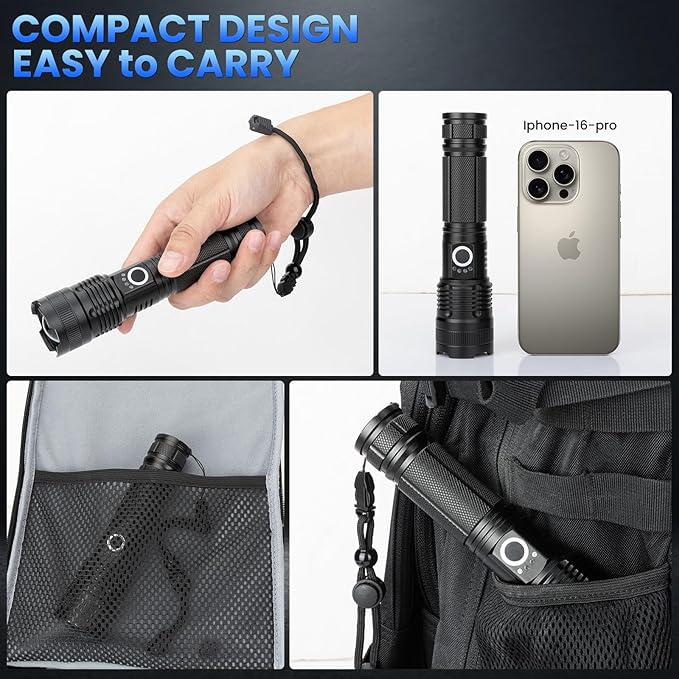Rechargeable LED Flashlights High Lumens, 99,000 Lumens Super Bright Flashlight, Adjustable