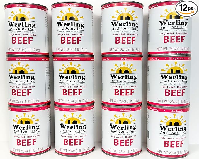 Werling Meats Canned Beef 28 Oz Fully Cooked, Heat & Eat | Shelf Stable Canned Meat for Pantry