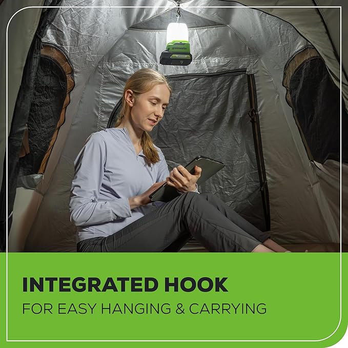 Greenworks 24V Lantern Cordless 500lm Camping Light Kit with USB-A and USB-C Port, 2Ah Battery and