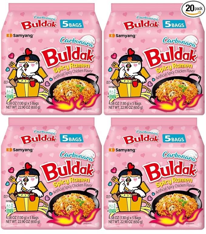 Samyang Buldak Hot Spicy Chicken Ramen Noodle Korean Stir-Fried Ramen, Carbonara Flavor, (20