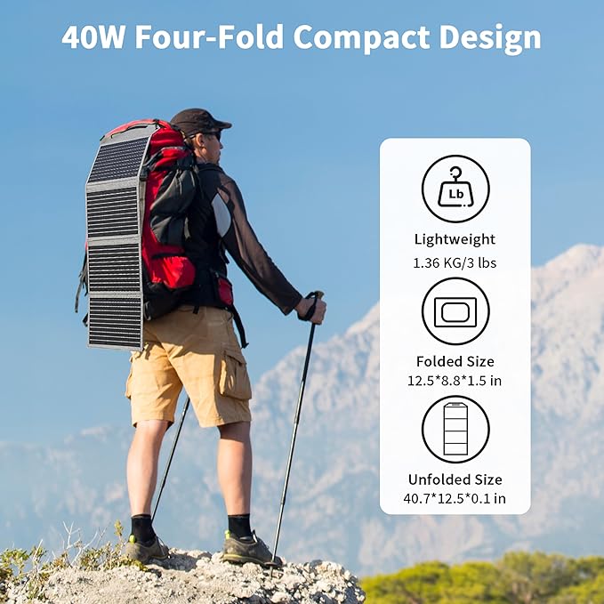 [Upgraded] MHPOWOS 40W Portable Solar Panel Charger with Triple Output (USB-C/USB-A/DC), 23%