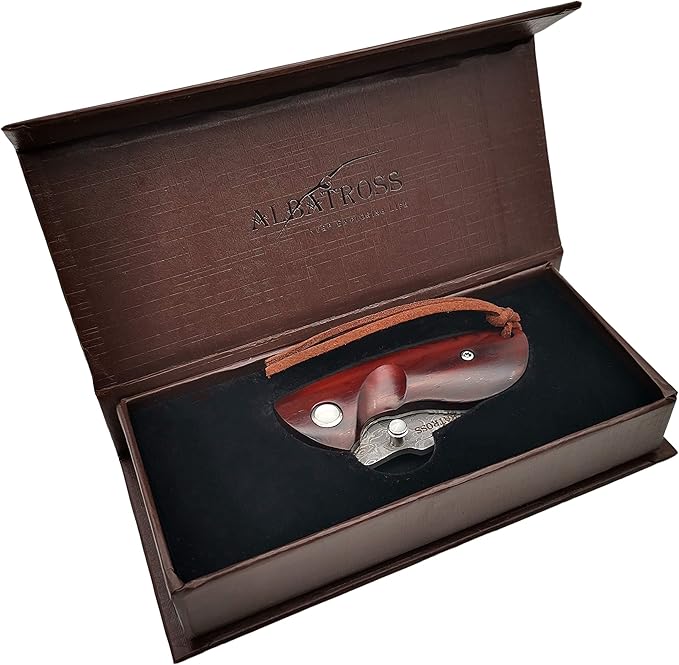 ALBATROSS Mini Pocket Knife - 4.75" Modern Damascus Steel Folding Knife with Red Sandalwood Handle