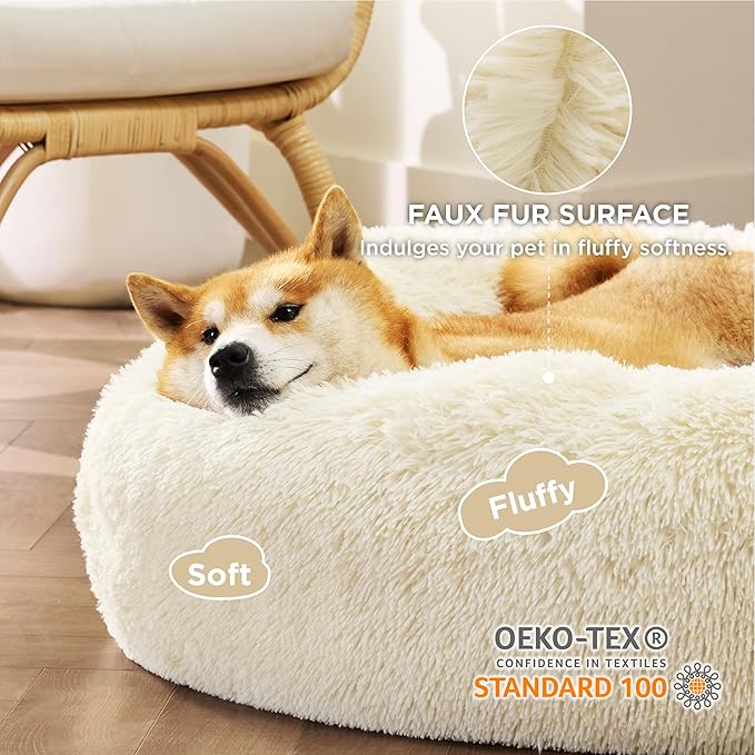 Bedsure Calming Dog Bed for Medium Dogs - Donut Washable Medium Pet Bed, Anti-Slip Round Fluffy