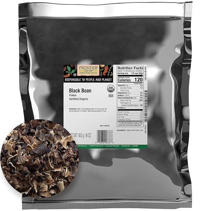 Frontier Co-op Organic Black Beans Flakes 1lb - For Black Bean Burger Patties, Dry Bean Soup Mix
