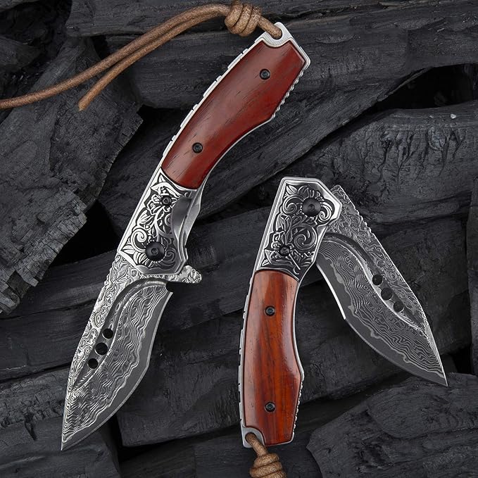 hand made damascus steel pocket knife, 3.1 inch outdoor folding knife, camping rosewood handle with