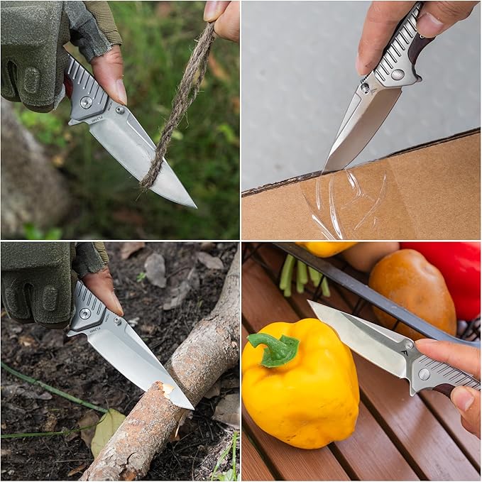 FLISSA Pocket Knife with 3.35" 14C28N Steel Blade, Liner Lock Folding Knife with Wood Handle for