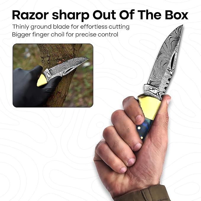 Handmade Damascus Pocket Knife for Men - 6.5 Inch Damascus Knife with Sheath - Damascus Folding