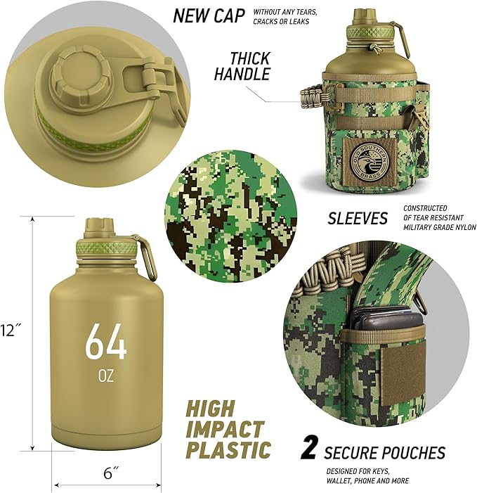 Combat Canteen - 64oz Insulated Water Bottle with Paracord Handle, Stainless Steel Water Jug with