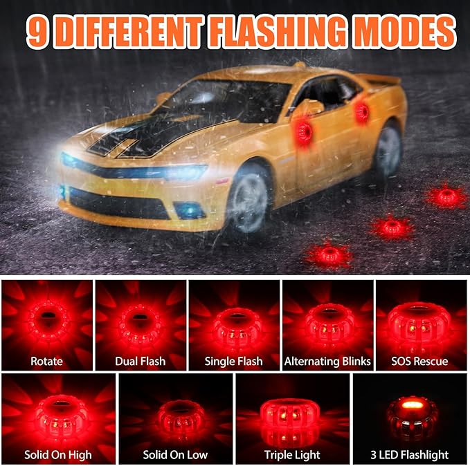Tallew 4 Pack LED Road Emergency Roadside Lights Flashing Safety Warning Kit Beacon Magnet Hook