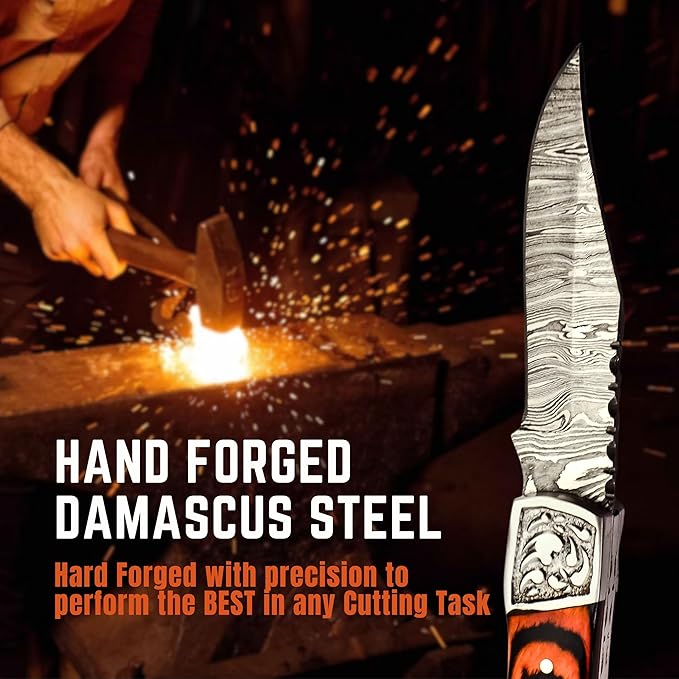 Handmade Damascus Pocket Knife for Men - 7.2 Inches Engraved Steel Damascus Folding Pocket Knife