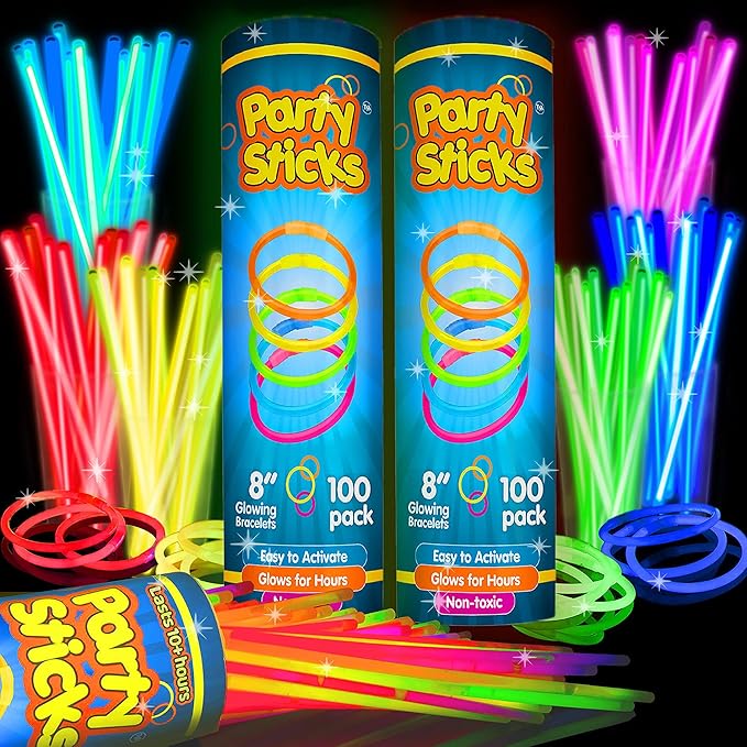PartySticks Ultra Bright Glow Sticks Bulk Party Supplies 200 Pack - 8" Glow in the Dark Light Up