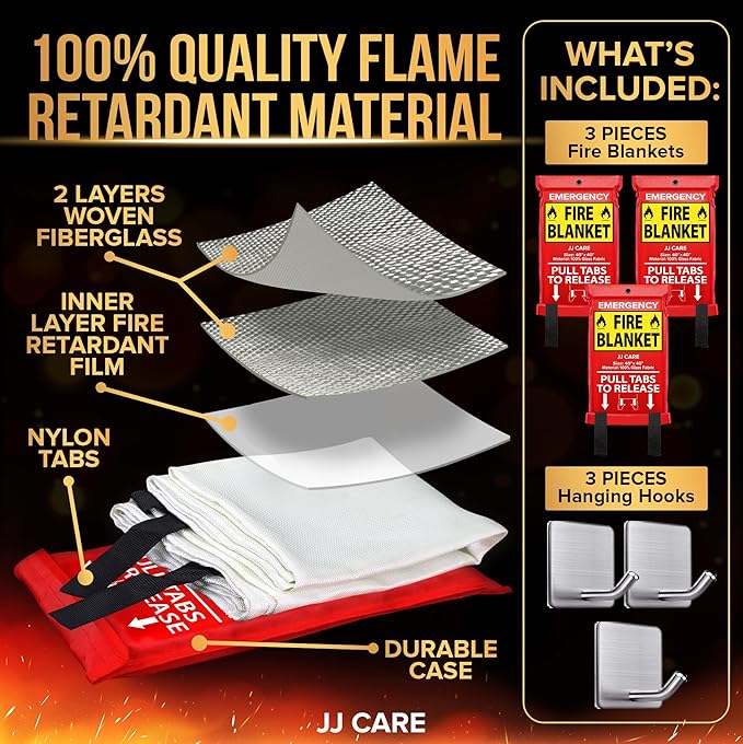 JJ CARE Fire Blanket ??3 Packs with Hooks ??Emergency Fire Blanket for Home & Kitchen, High Heat