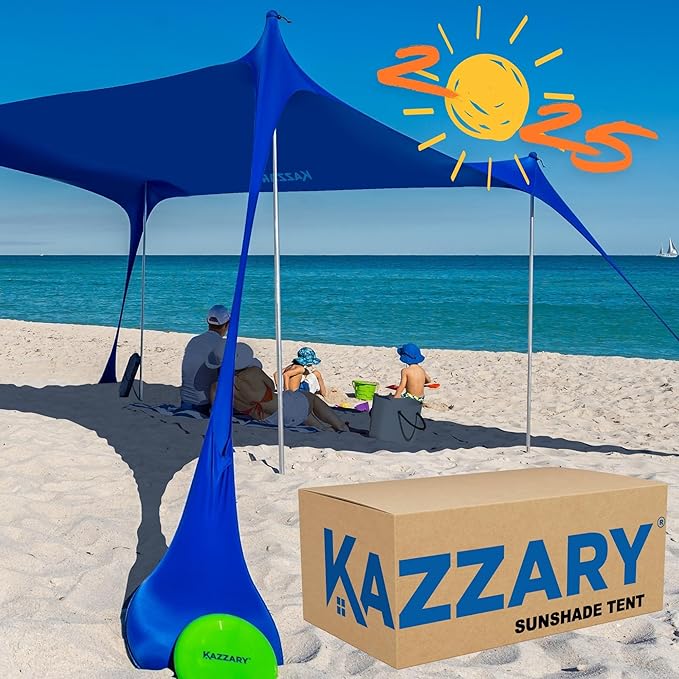 Beach Tent UPF50+ Sun Shade Canopy with Sandbags, 4 Stability Poles, Ground Pegs, Flying Disc Sand