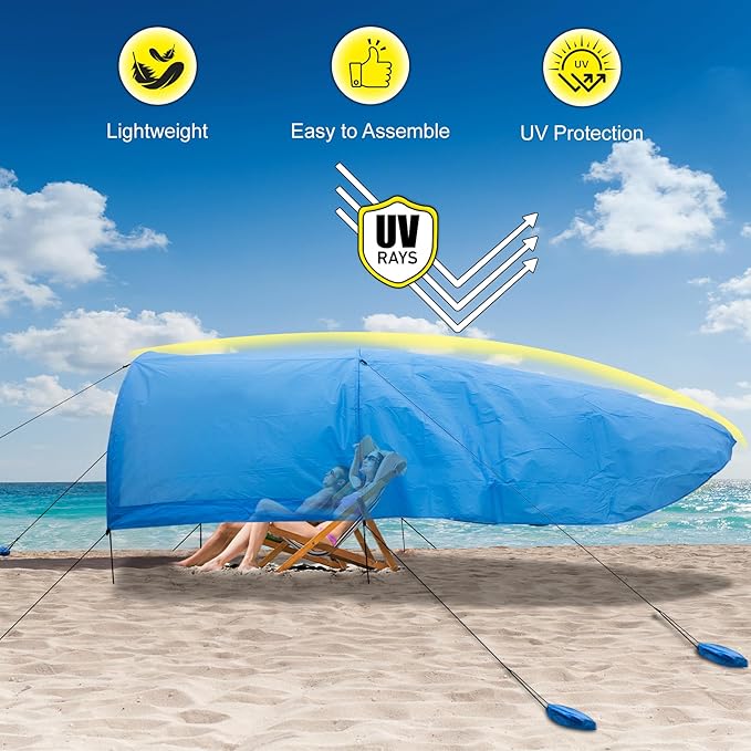 Beach Shade 200 Sq. Ft Beach Canopy for 4-8 People, Portable Sun Shelter with UV Protection