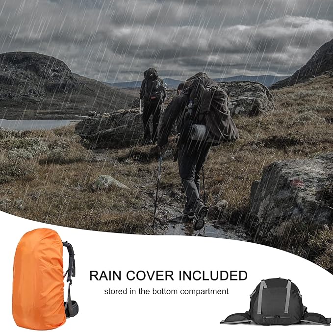 Loowoko 50L Hiking Backpack, Waterproof Camping Essentials Bag with Rain Cover, 45+5 Liter