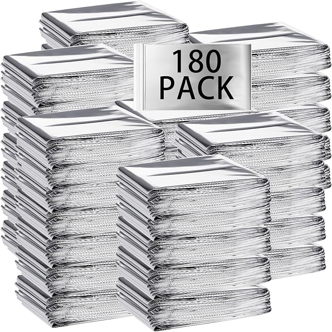 Macarrie 180 Pack Emergency Foil Thermal Blankets Silver Foil Survival Blanket Space Blanket Kit