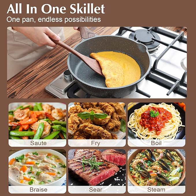 SENSARTE Nonstick Skillet, Deep Frying Pan 10/11/12-inch, Saute Pan with Lid, Stay-cool Handle