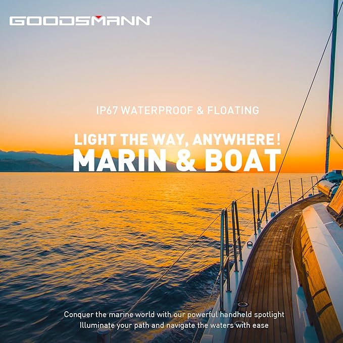 GOODSMANN Rechargeable Spotlight IP67 Waterproof Marine Spotlights up to 4500 Lumen Handheld Light
