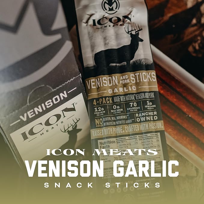ICON Meats Venison and Pork Snack Sticks - Garlic Flavor - 6 Packs Per Box, 4 Sticks Per Pack, All