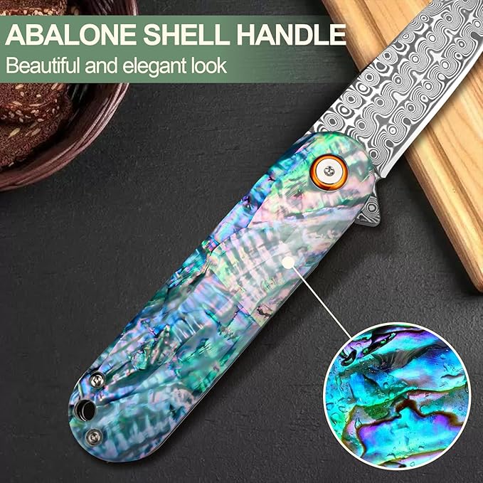Damascus Pocket Knife with Sheath 2.95" Damascus Steel Blade Folding Knife with Abalone Shell
