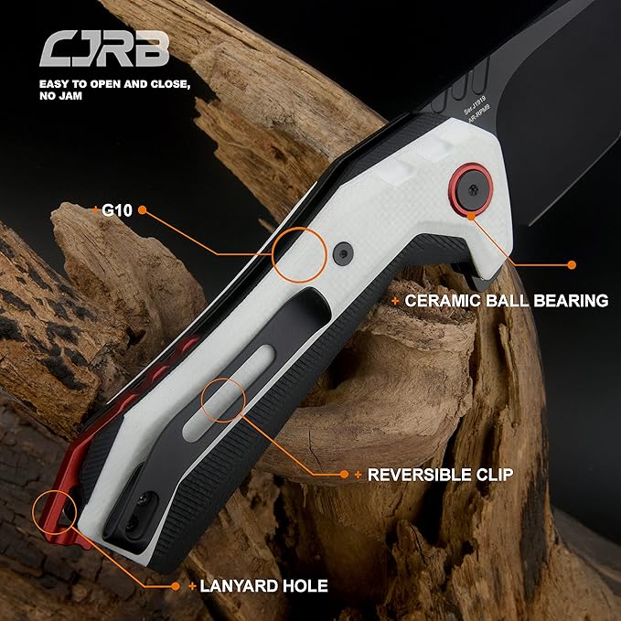 CJRB Tigris Pocket Knife, Folding Knife with AR-RPM9 Powder Steel Black PVD Blade Black & White G10