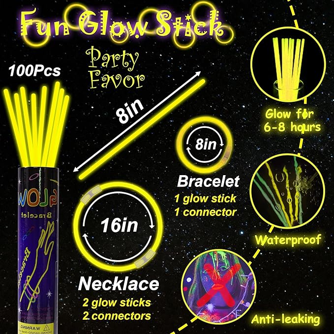100 pk 8" Yellow Glow Sticks Bulk Party Favors, Light up Glow Necklaces & Bracelets in the Dark