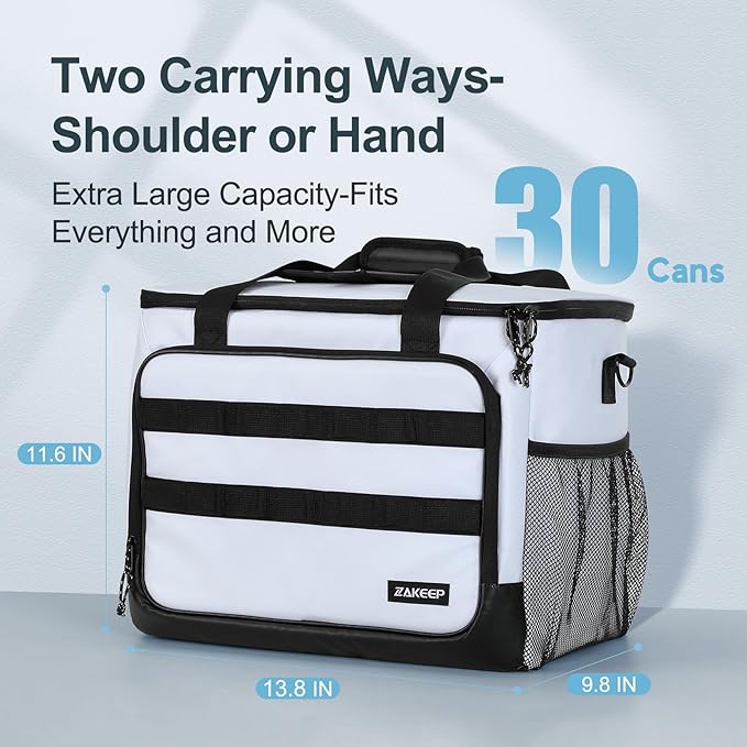 Soft Cooler Bag, 30 Cans Collapsible Cooler with Adjustable Shoulder Straps, White Ice Chest for