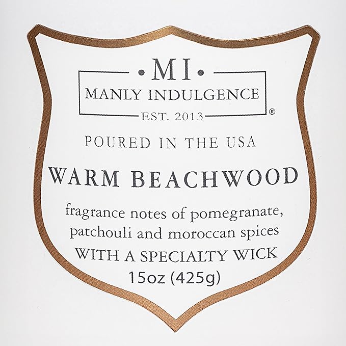 Manly Indulgence Warm Beachwood Scented Candles for Men, 15 oz Wooden Wick, Premium Soy Blend Wax