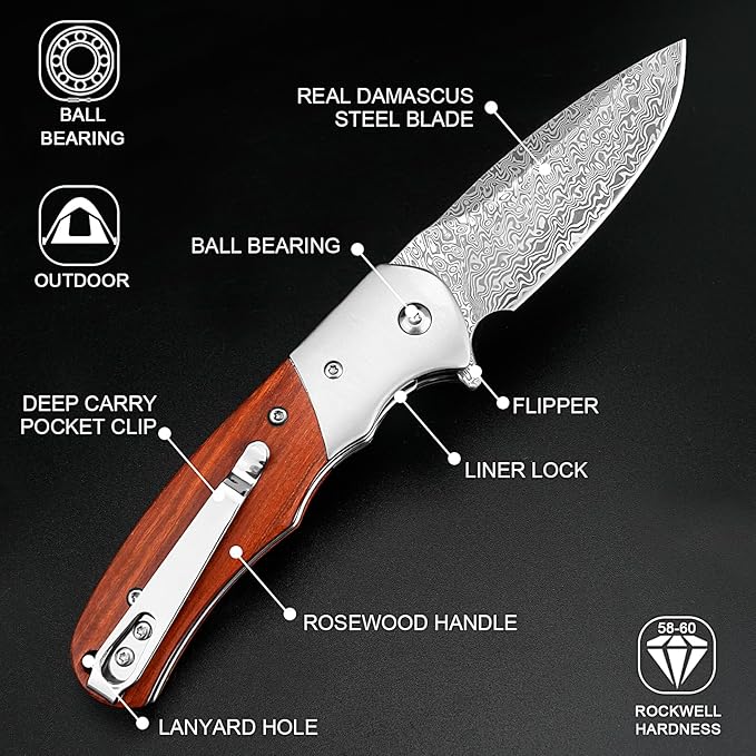 KOMWERO Damascus Pocket Knife with Clip for Men, VG10 Damascus Steel Folding Knives, EDC Damascus
