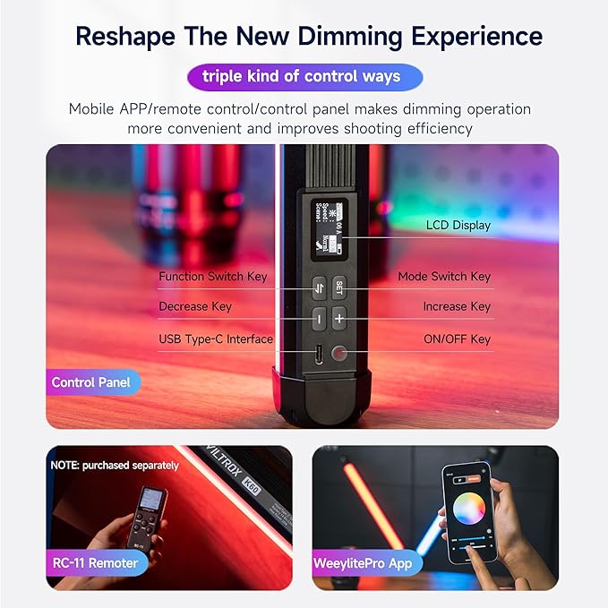 VILTROX K60 2 Pack Large Handheld Stick Light, 32Wh Rechargeable Battery 20W 1950lm RGB LED Video