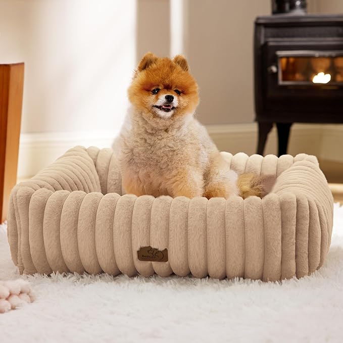 Bedsure Cute Dog Bed for Small Medium Dogs - Washable Furry Puppy Beds, Rectangle Orthopedic