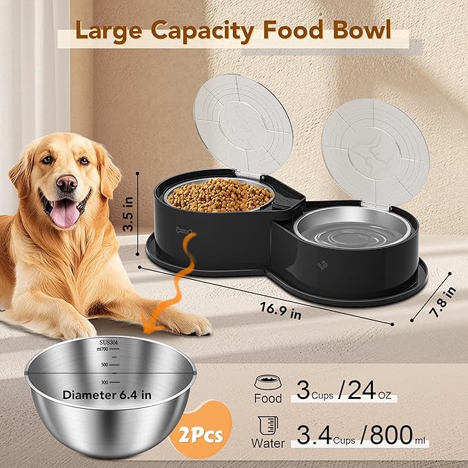 Stainless Steel Dog Bowl Set with Lids, 304 Metal Dual Food & Water Bowls for Dogs & Cats, Foldable
