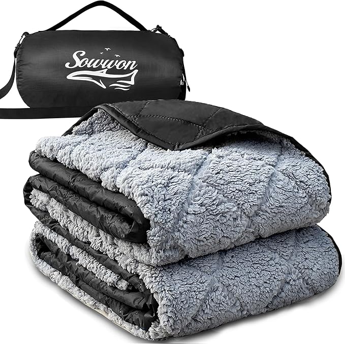Waterproof Outdoor Blanket 92”X 60” Packable, Stadium Blankets for Camping with Sherpa Fleece