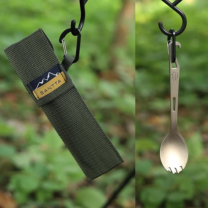 SANTTA Titanium Camping Spoon Set of 2 Piece, Spoon and Bottle Opener 2-in-1 Design, Lightweight Ti