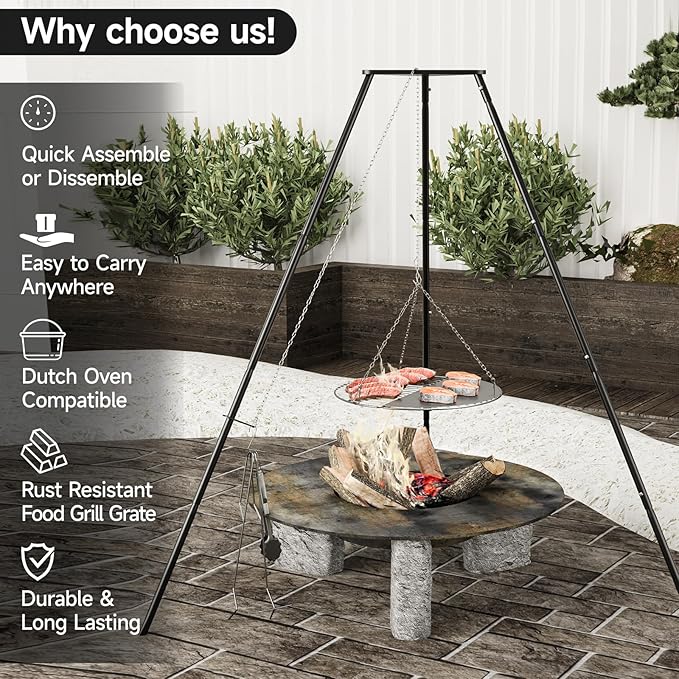 Campfire Tripod for Cooking, Campfire Cooking Equipment, Round Grill Grate with Adjustable Height