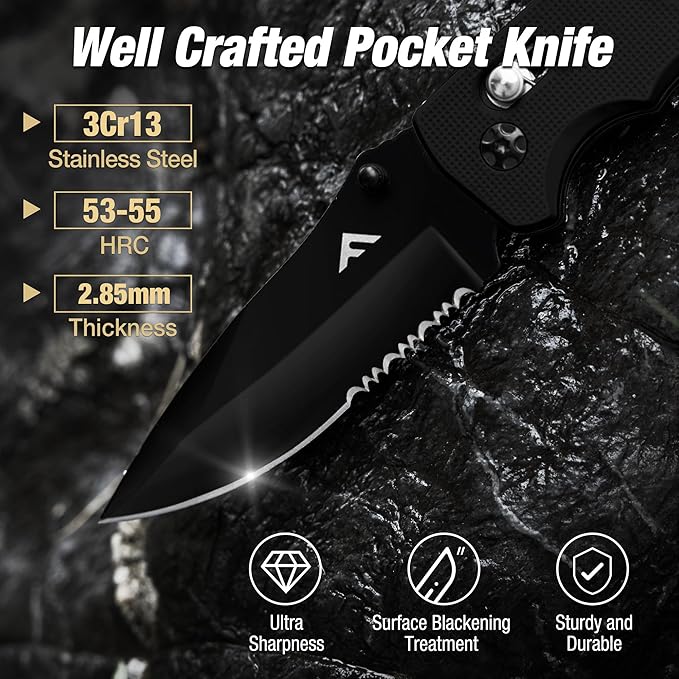 FLISSA Folding Pocket Knife with Clip, Glass Breaker and Seatbelt Cutter, Survival Knife for