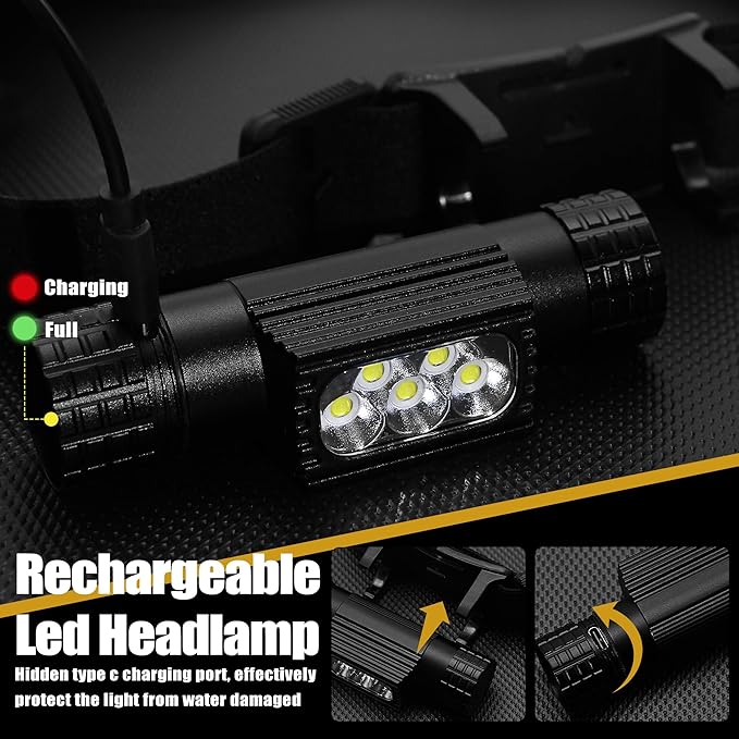 Headlamp Rechargeable, 2000 Lumen Super Bright LED Head Lamp for Adults, IP67 Waterproof