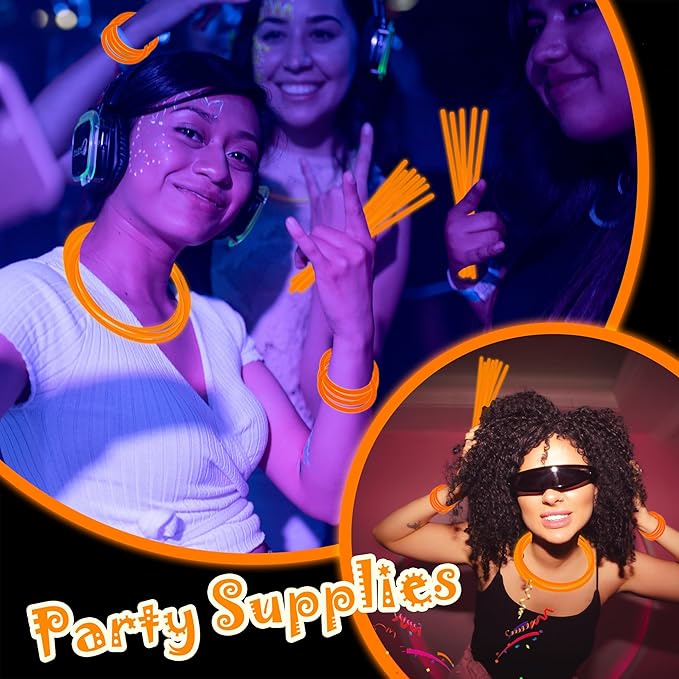 100 pk 8" Orange Glow Sticks Bulk Party Favors, Light up Glow Necklaces & Bracelets in the Dark