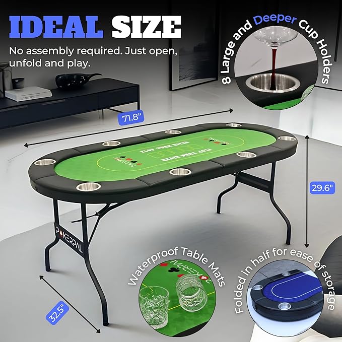 8 Player Poker Table with 2 Interchangeable Game mats, Texas Holdem Poker and Blackjack